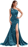 Kingbridal Gowns One Shoulder Sequin Prom Dresses with Slit 2026 Mermaid Formal Dress for Women Sparkly Ruched Evening Party Gowns