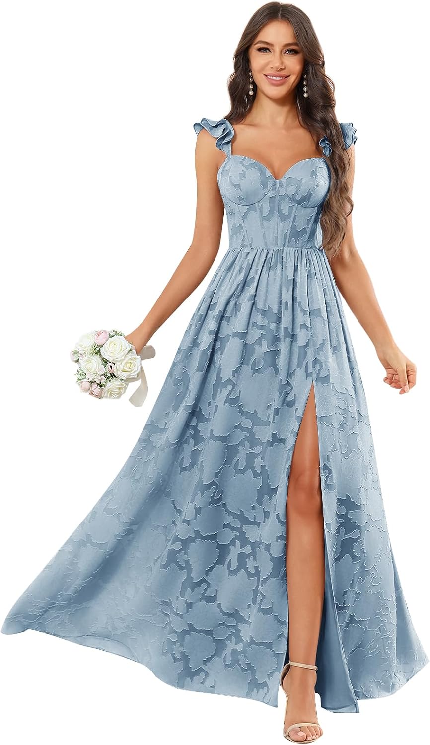 Chiffon Floral Bridesmaid Dresses with Slit Sleeveless Corset Ruffle A Line Long Formal Evening Gowns