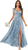 Chiffon Floral Bridesmaid Dresses with Slit Sleeveless Corset Ruffle A Line Long Formal Evening Gowns