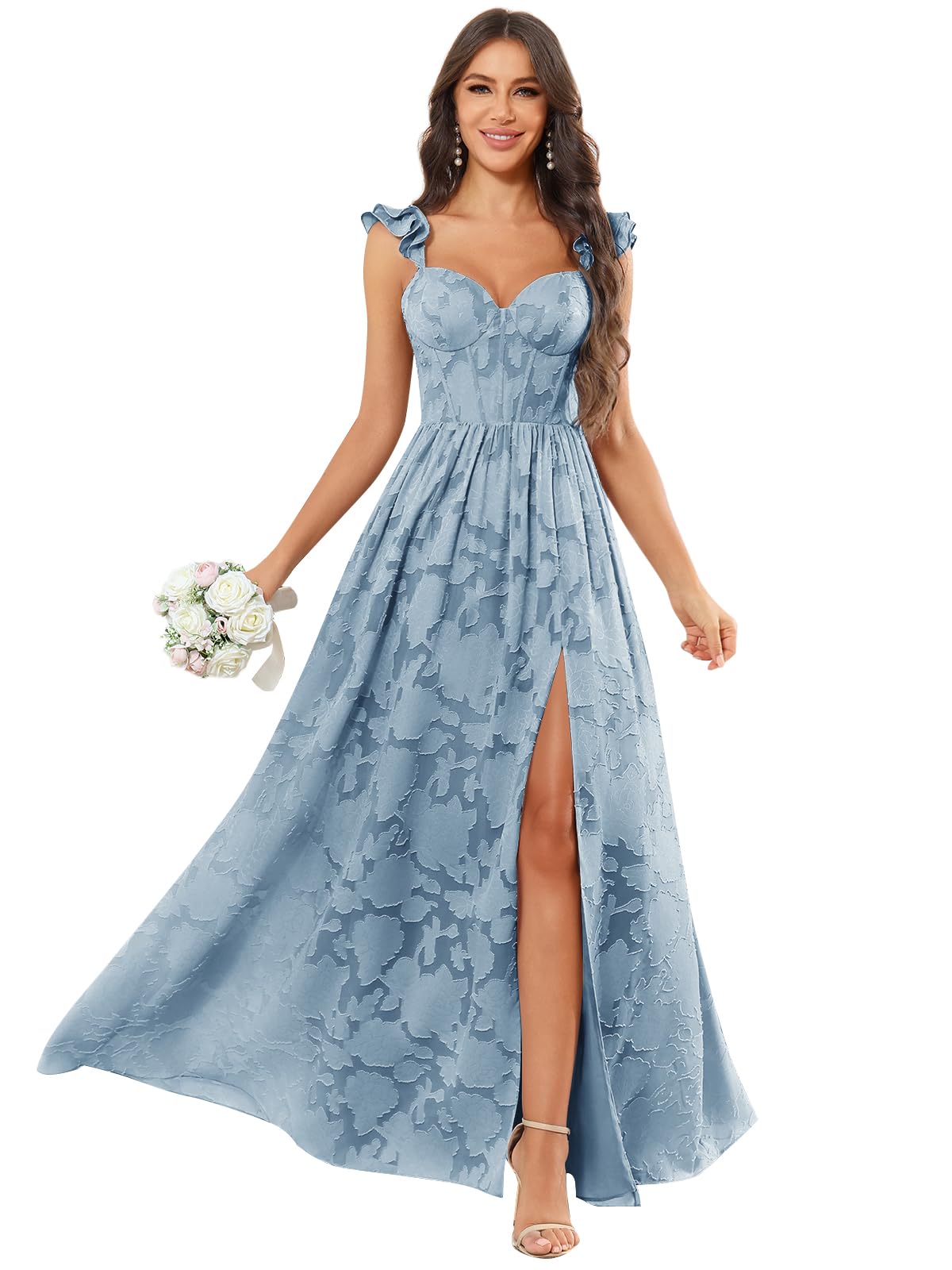 Chiffon Floral Bridesmaid Dresses with Slit Sleeveless Corset Ruffle A Line Long Formal Evening Gowns