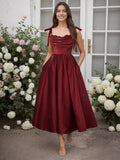 Satin Prom Dresses for Women Spaghetti Straps Corset A-Line Ball Formal Gowns Tea Length with Pockets
