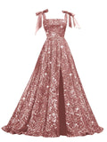 Bow Straps Prom Dresses 2026 Sparkly Sequin Square Neck Ruched Long Puffy Ball Gown Formal Dress with Slit Pockets