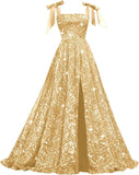 Bow Straps Prom Dresses 2026 Sparkly Sequin Square Neck Ruched Long Puffy Ball Gown Formal Dress with Slit Pockets