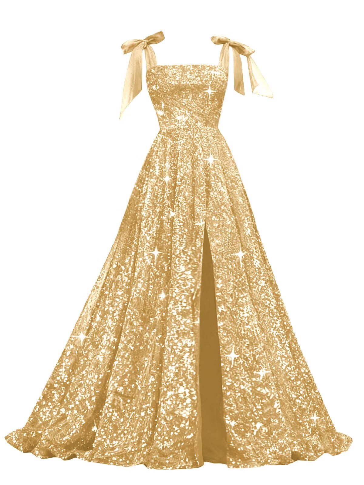 Bow Straps Prom Dresses 2026 Sparkly Sequin Square Neck Ruched Long Puffy Ball Gown Formal Dress with Slit Pockets