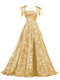 Bow Straps Prom Dresses 2026 Sparkly Sequin Square Neck Ruched Long Puffy Ball Gown Formal Dress with Slit Pockets