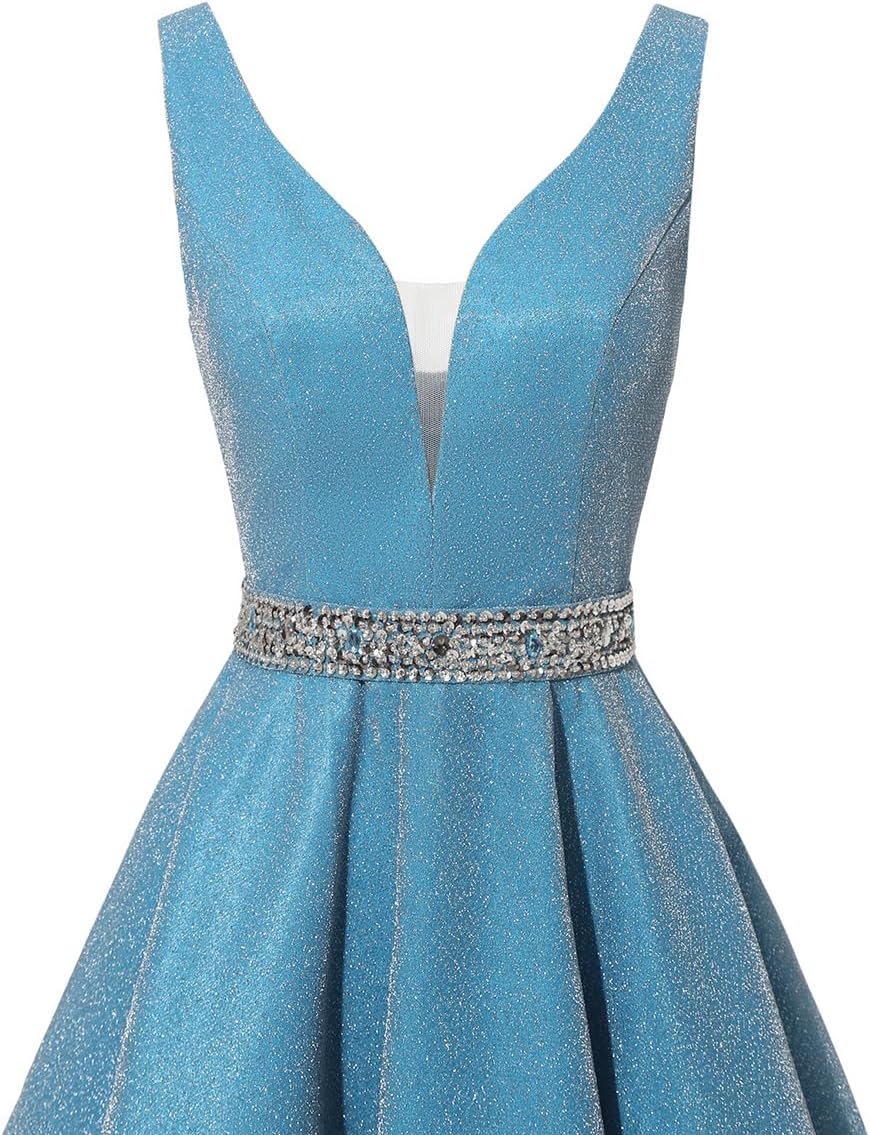 Satin Glitter Homecoming Dresses for Teens Short Prom Dress V-Neck Beaded Evening Formal Cocktail Party Gowns