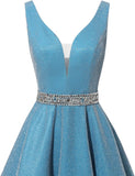 Satin Glitter Homecoming Dresses for Teens Short Prom Dress V-Neck Beaded Evening Formal Cocktail Party Gowns