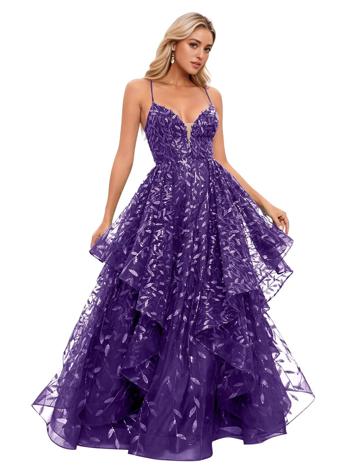 Spaghetti Strap Prom Dresses for Women V Neck Sparkly Sequin Tulle Tiered Ball Gown Long Formal Evening Dress