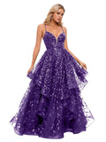 Spaghetti Strap Prom Dresses for Women V Neck Sparkly Sequin Tulle Tiered Ball Gown Long Formal Evening Dress