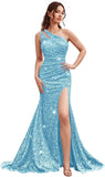 Kingbridal Gowns One Shoulder Sequin Prom Dresses with Slit 2026 Mermaid Formal Dress for Women Sparkly Ruched Evening Party Gowns