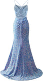 Spaghetti Straps Sequin Prom Dresses for Women 2027 Mermaid Ruched Formal Dress with Slit Sparkly Evening Party Gown