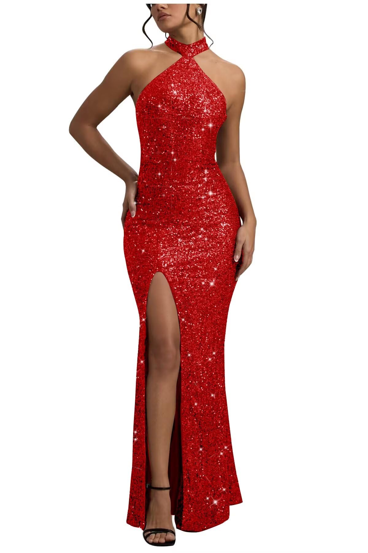 Sequin Mermaid Prom Dresses for Women Long Sparkly Halter-Neck Tight Backless Formal Evening Party Gowns with Slit