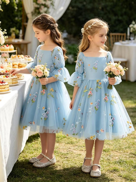 Floral Embroidery Flower Girl Dress Puff Sleeve Birthday Party Gown Girls Tulle A-Line Short Wedding Guests Dresses