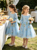 Floral Embroidery Flower Girl Dress Puff Sleeve Birthday Party Gown Girls Tulle A-Line Short Wedding Guests Dresses