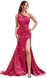 Kingbridal Gowns One Shoulder Sequin Prom Dresses with Slit 2026 Mermaid Formal Dress for Women Sparkly Ruched Evening Party Gowns