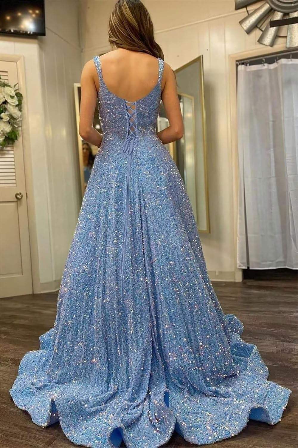 Kingbridal Gowns Spaghetti Straps Prom Dresses Long for Women 2026 A Line Sequin Satin Formal Evening Party Ball Gowns with Slit