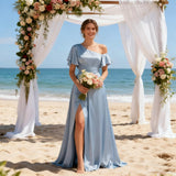 Short Sleeve Satin Bridesmaid Dresses for Women Ruffle One Shoulder Formal Evening Gowns with Slit