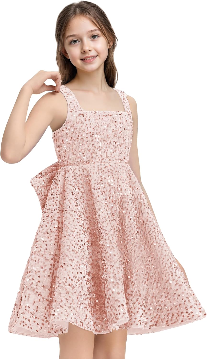 Sequins Flower Girl Dresses Short - Square Neck Princess Pageant Dress Kids A Line Communion Formal Party Gown