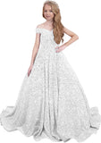 Ball Gown Sequin Pageant Dress for Teens Girls Off Shoulder Long Formal Party Dresses 2027