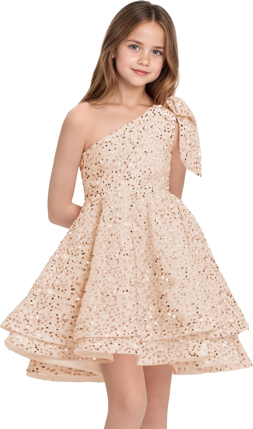 Sequins Flower Girl Dresses Short - One Shoulder Princess Pageant Dress Kids A Line Communion Formal Party Gown