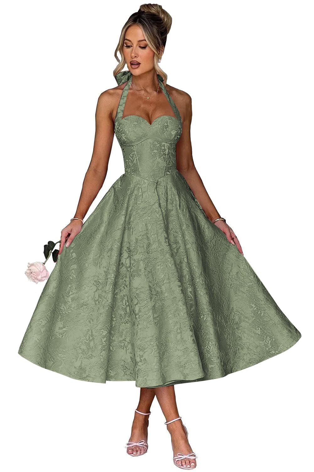Jacquard Satin Prom Dresses for Women Vintage A-Line Midi Halter Sweetheart Formal Evening Party Gowns with Pockets