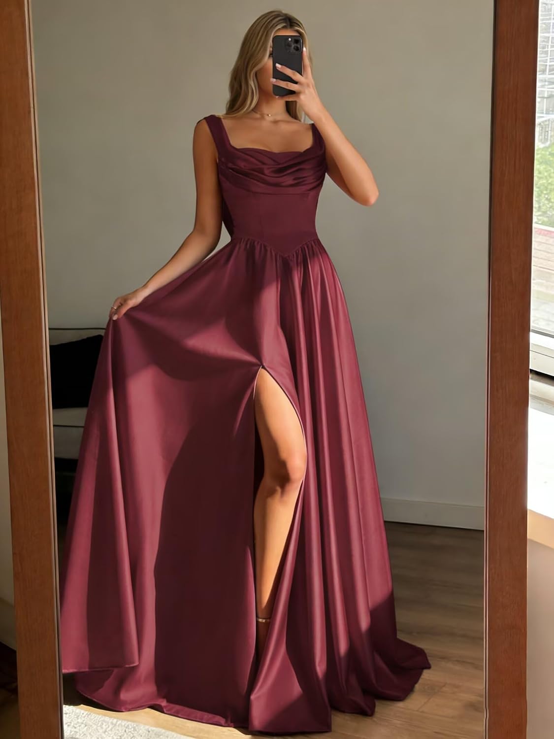 Cowl Neck Satin Prom Dresses Corset Ball Gown Long Puffy A-Line Formal Evening Gown with Slit