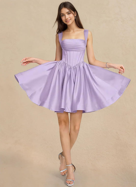 Women's Short Homecoming Dresses for Teens Formal Square Neck Satin Cocktail Prom Evening Party Gowns