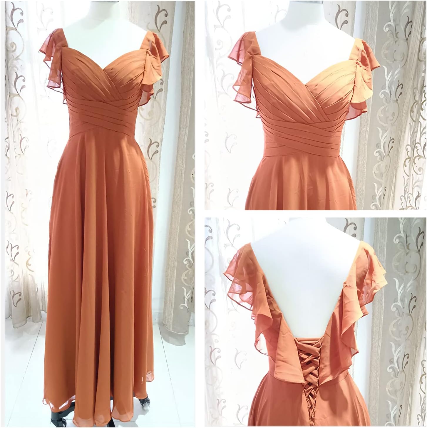 Women's V Neck Ruffle Chiffon Bridesmaid Dresses Long with Pockets Ruched Formal Dresses