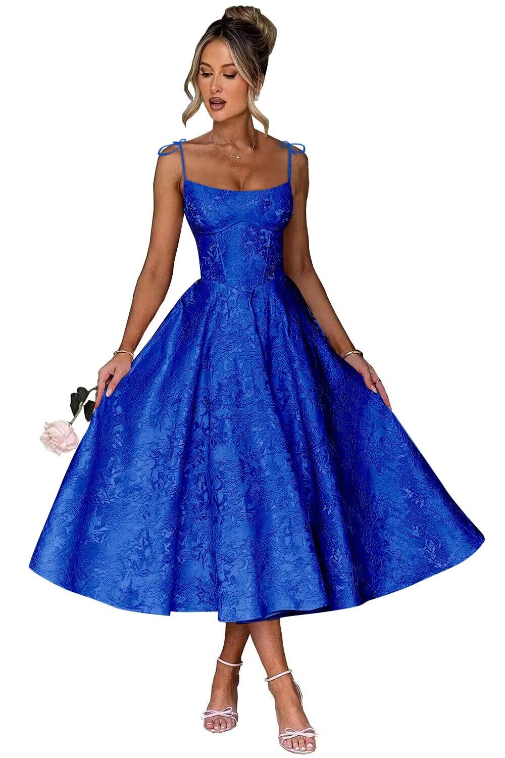 Jacquard Floral Satin Prom Dresses for Women 2026 Spaghetti Straps A-Line Midi Formal Evening Party Gown with Pockets