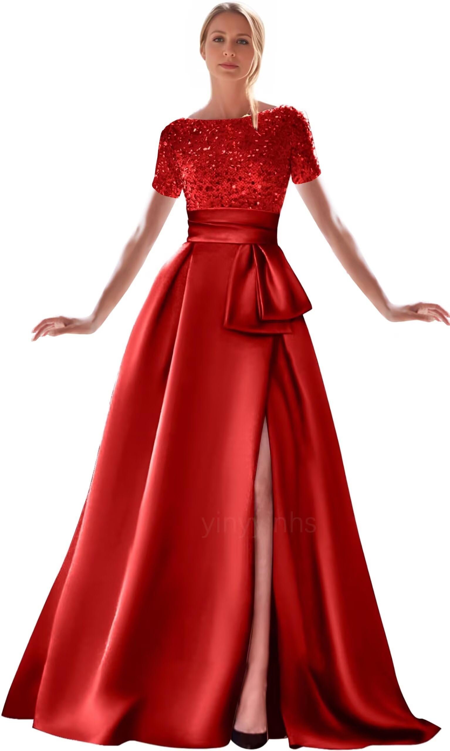 Kingbridal Gowns Short Sleeve Sequin Prom Dresses for Women 2026 Satin A-Line Sparkly Formal Evening Party Ball Gowns with Slit