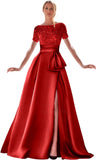 Kingbridal Gowns Short Sleeve Sequin Prom Dresses for Women 2026 Satin A-Line Sparkly Formal Evening Party Ball Gowns with Slit