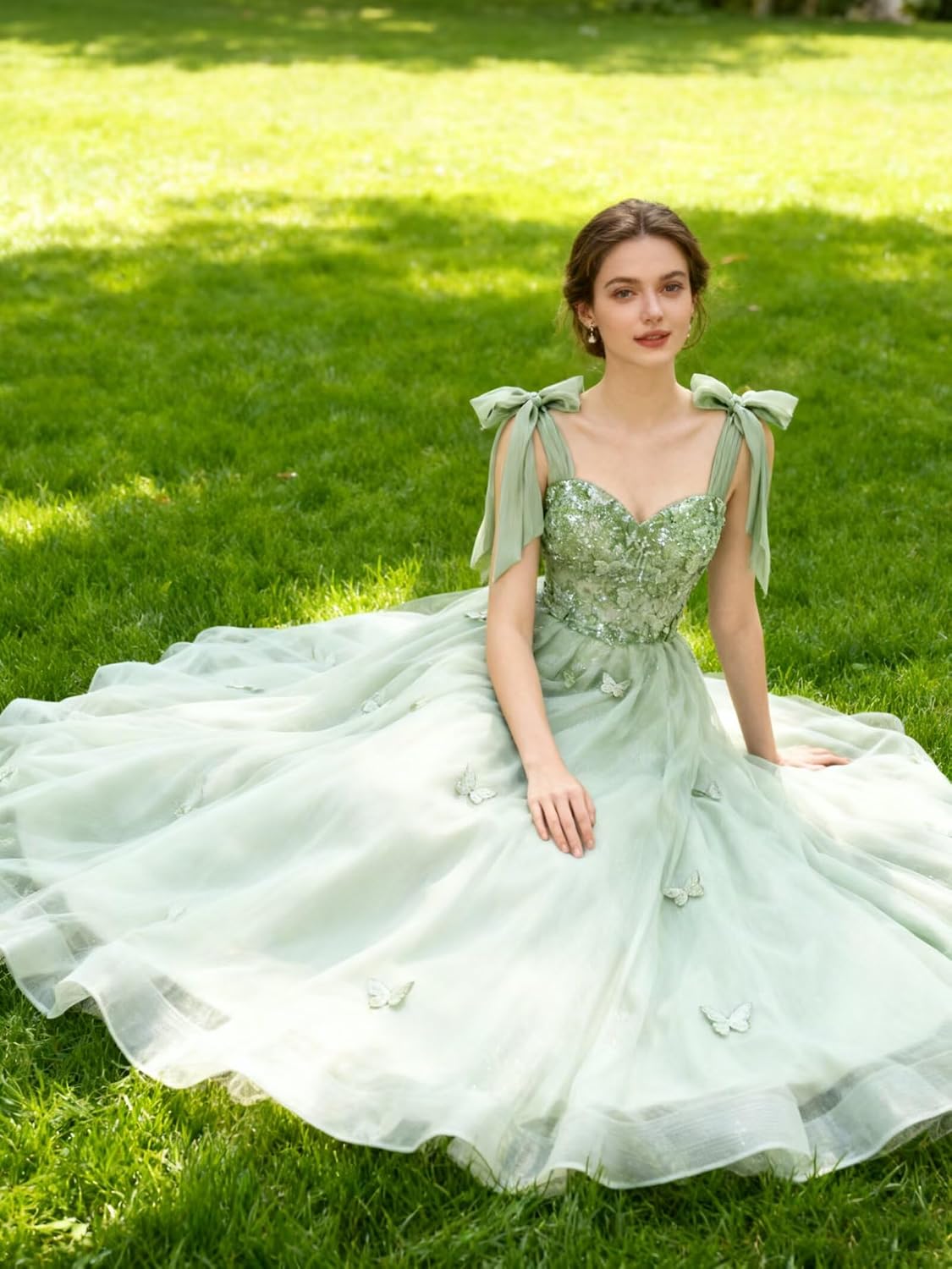 Glitter Tulle Prom Dress for Teens 3D Butterfly Long Ball Gowns Sequin Princess Quinceanera Dresses with Bow