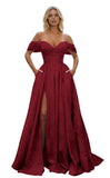Off Shoulder Long Prom Dress 2026 Floral Satin A-Line Corset Ball Formal Evening Gown with Slit