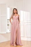 Women's Off Shoulder Bridesmaid Dress with Slit Chiffon Pleated Long Formal Dress