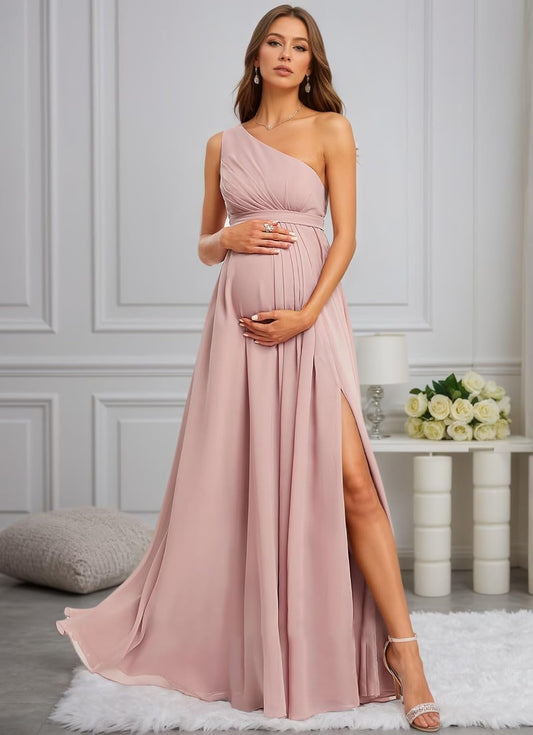 One Shoulder Maternity Dress for Photoshoot 2026 Chiffon Baby Shower Dress A-Line Pleated Pregnancy Maxi Gown