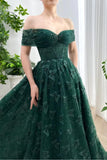 Sparkly Off Shoulder Tulle Prom Dresses with Butterfly Appliques Long A Line Formal Evening Party Gowns for Women