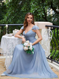 Cap Sleeve Bridesmaid Dresses for Women Long V Neck Ruffled Split Glittery Long Formal Evening Dress with Pocket