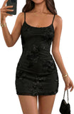 Summer Women's Floral Embroidered Mini Dress Spaghetti Strap Mesh Bodycon Formal Cocktail Dresses in Wine Red/Black/Apricot