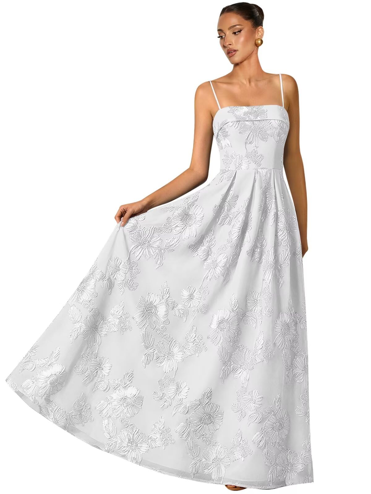 Women's Spaghetti Straps Floral Prom Dresses A Line Strapless Ball Dresses Long Embroidery Formal Evening Dresses