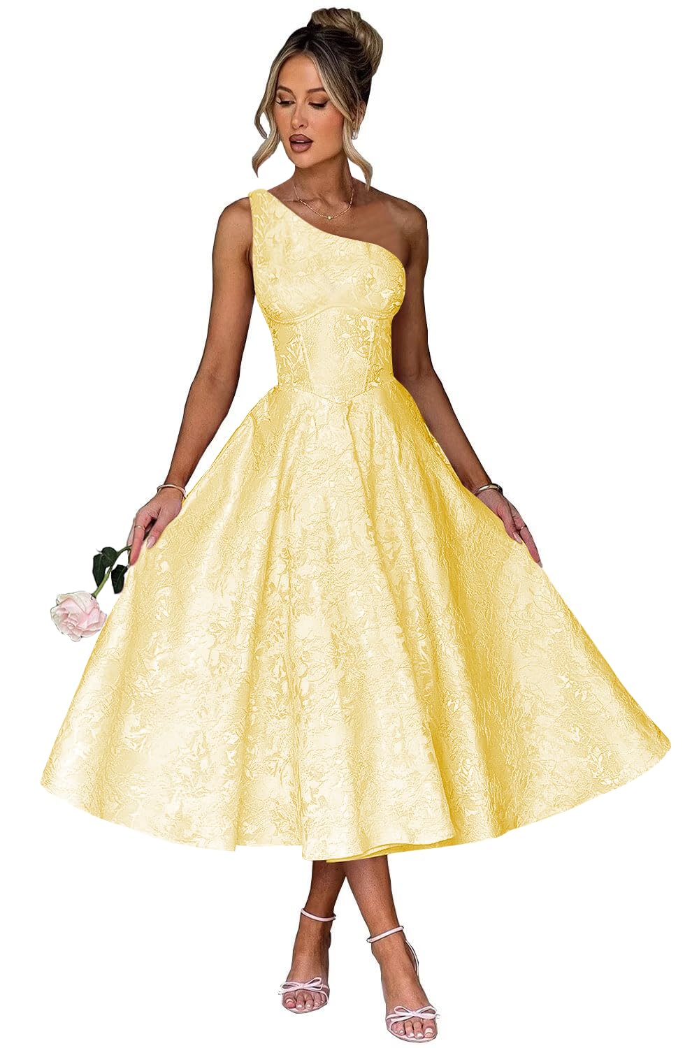Jacquard Floral Satin Prom Dresses 2026 One Shoulder A-Line Midi Formal Evening Party Gown with Pockets for Women