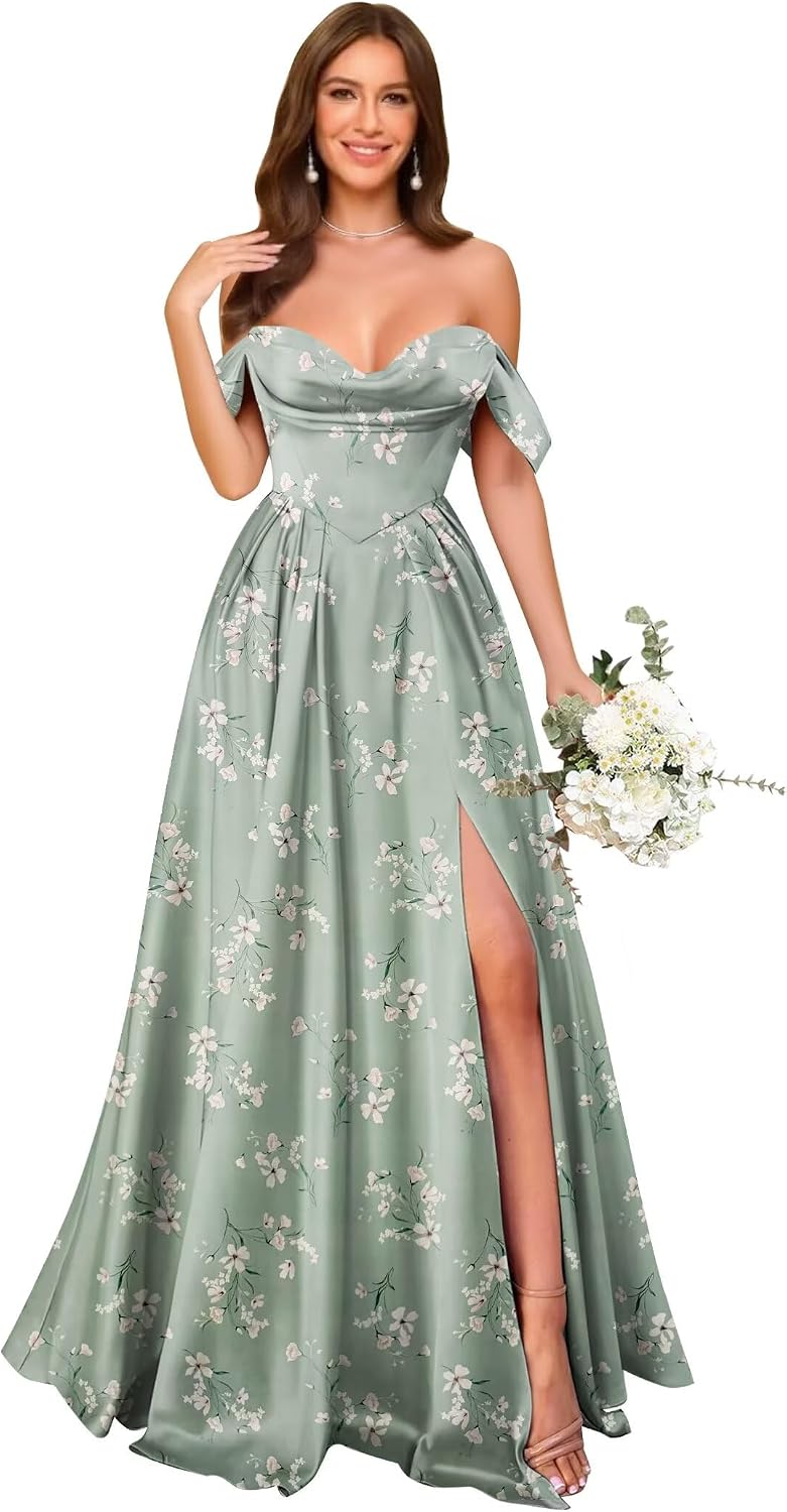 Off Shoulder Satin Bridesmaid Dresses Long Pleated Formal Dresses A Line Evening Gowns with Slit