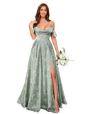 Off Shoulder Satin Bridesmaid Dresses Long Pleated Formal Dresses A Line Evening Gowns with Slit