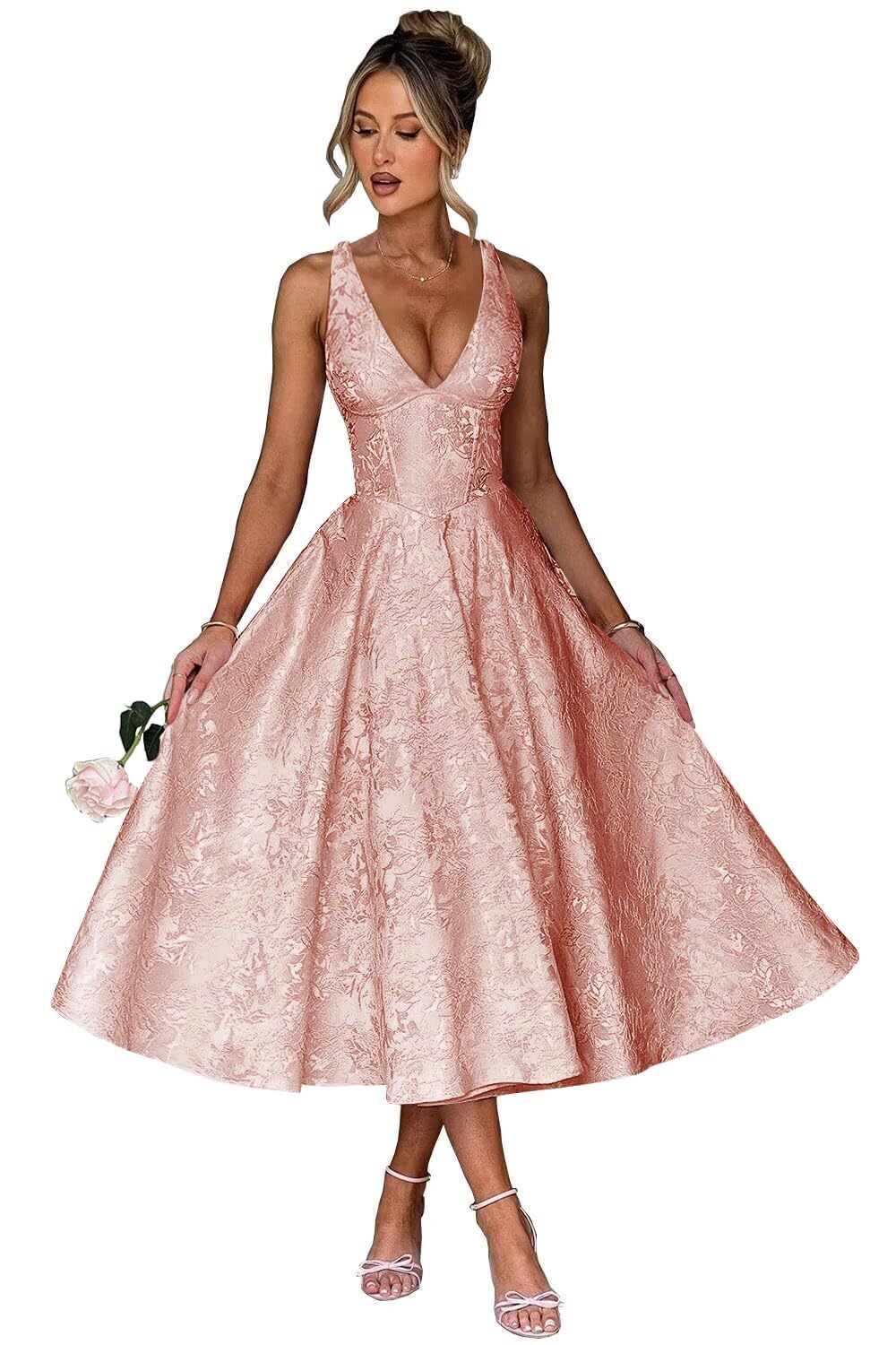 V Neck Tea Length Prom Dress for Women Satin Evening Party Gown A Line Cocktail Dress
