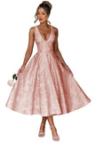 V Neck Tea Length Prom Dress for Women Satin Evening Party Gown A Line Cocktail Dress