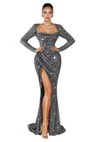 Mermaid Sequin Prom Dresses for Women 2026 Long Sleeve Ruched Formal Dress with Slit Sparkly Evening Party Gowns