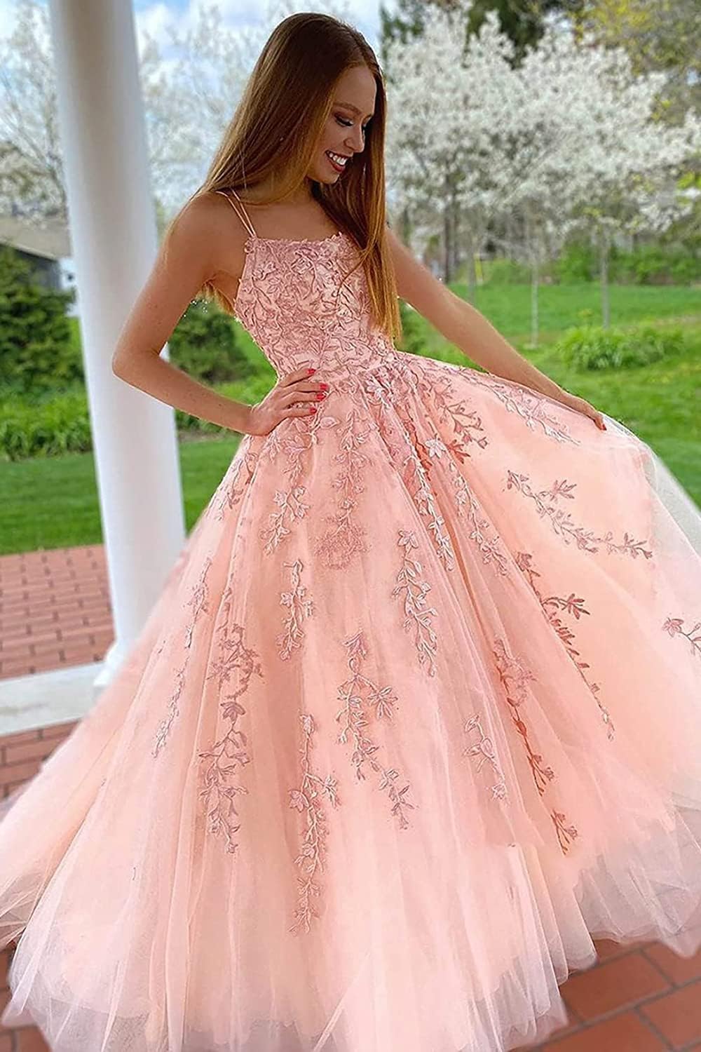 Ballkleider, langes Ballkleid für Damen, Spaghettiträger, Tüll, A-Linie, sexy, rückenfrei, formelle Partykleider mit Taschen 