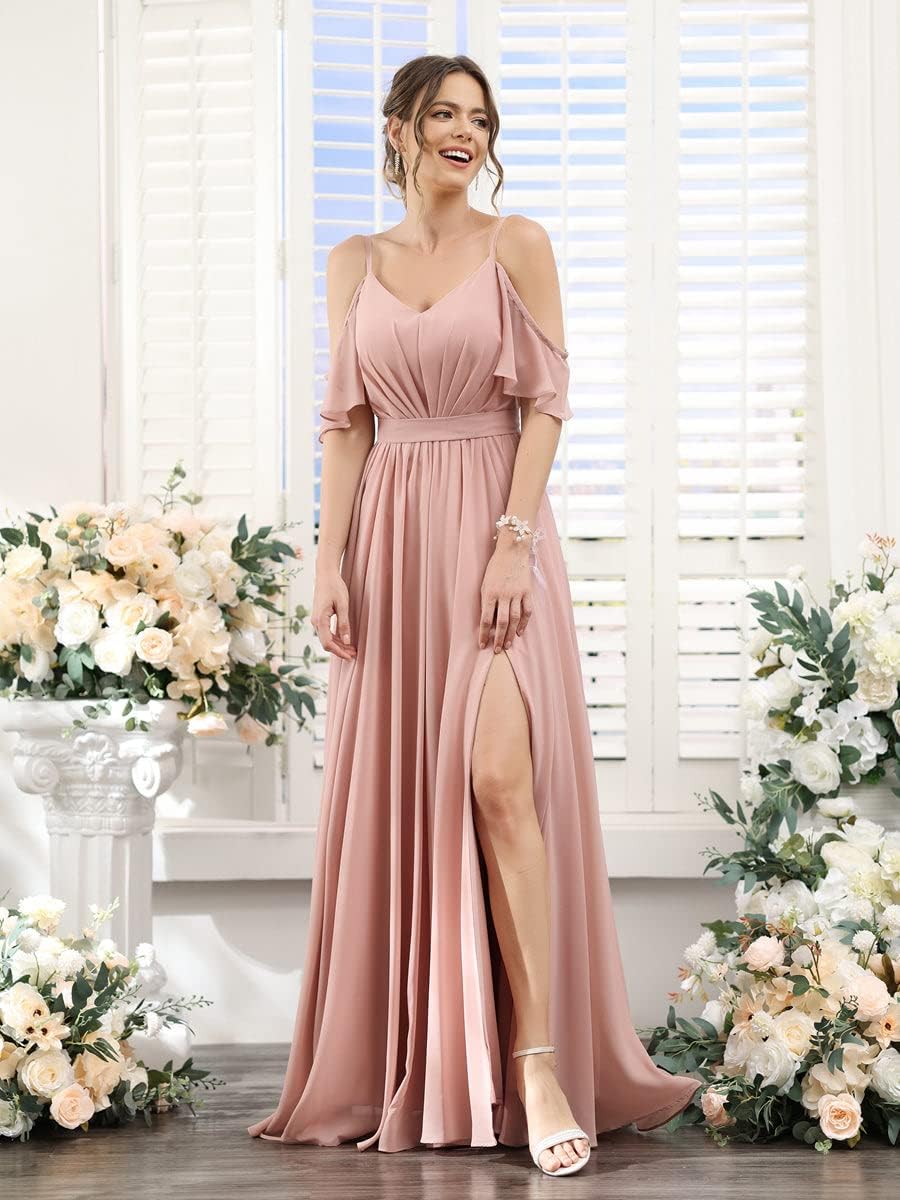 Women's Cold Shoulder Ruffle Sleeves Bridesmaid Dresses for Women 2025 Pleated Chiffon Formal Dresses with Slit
