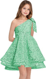Sequins Flower Girl Dresses Short - One Shoulder Princess Pageant Dress Kids A Line Communion Formal Party Gown