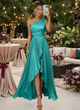 One Shoulder Bridesmaid Dresses for Women Satin Pleated Long A Line Formal Prom Evening Party Dress with Slit