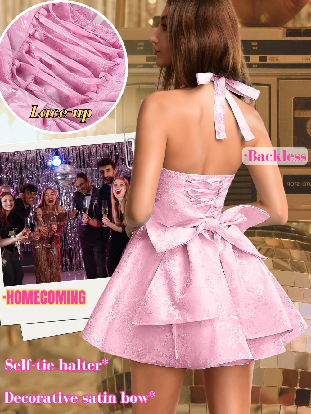 Jacquard Corset Dress,Deep V Halter Mini Dresses with Bow Back,Sexy Birthday Outfits Women Homecoming Prom Formal